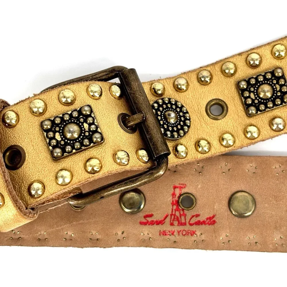 Sand Castle New York Metallic Gold Studded Women's 42.5” Soft Leather Belt EUC